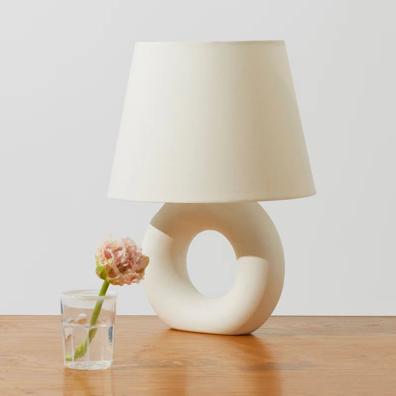 Brightech Chloe 15.5" Modern LED Table Lamp with Circular Ceramic Base and Natural Cotton Shade