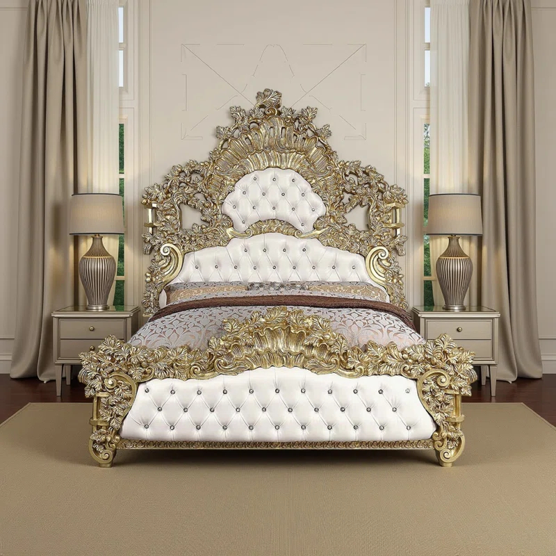 Benjara Rexx King Bed, White Faux Leather Victorian Carved, Classic Gold Wood