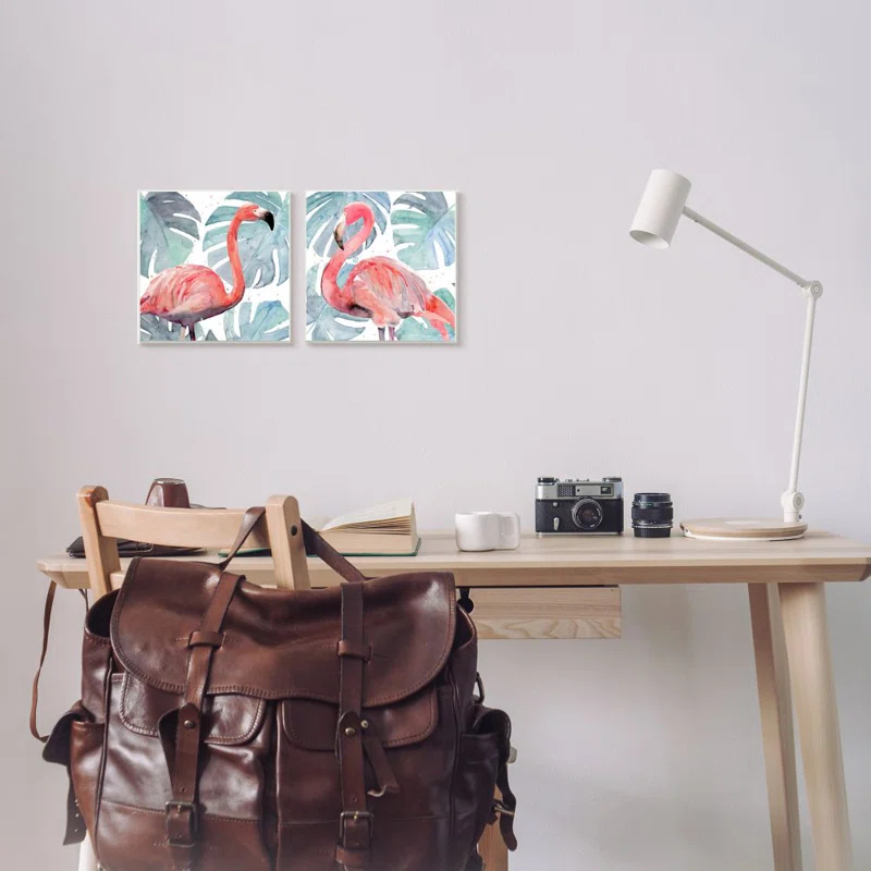 Stupell Industries " Tropical Flamingos With Green Monstera Plants " by Annie Warren 2 - Pieces