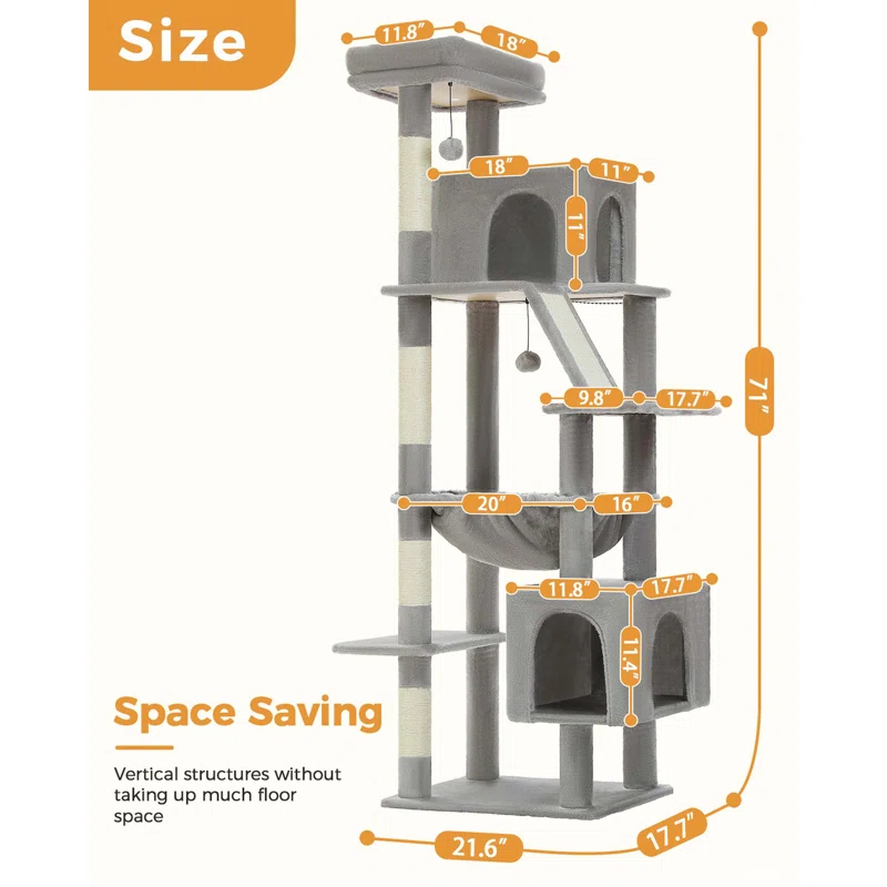 71" Indoor Tall Large Cat Tree Multi-Level Cat House With 2 Big Condo Pad Bed, Cozy Hammock And Scratching Posts