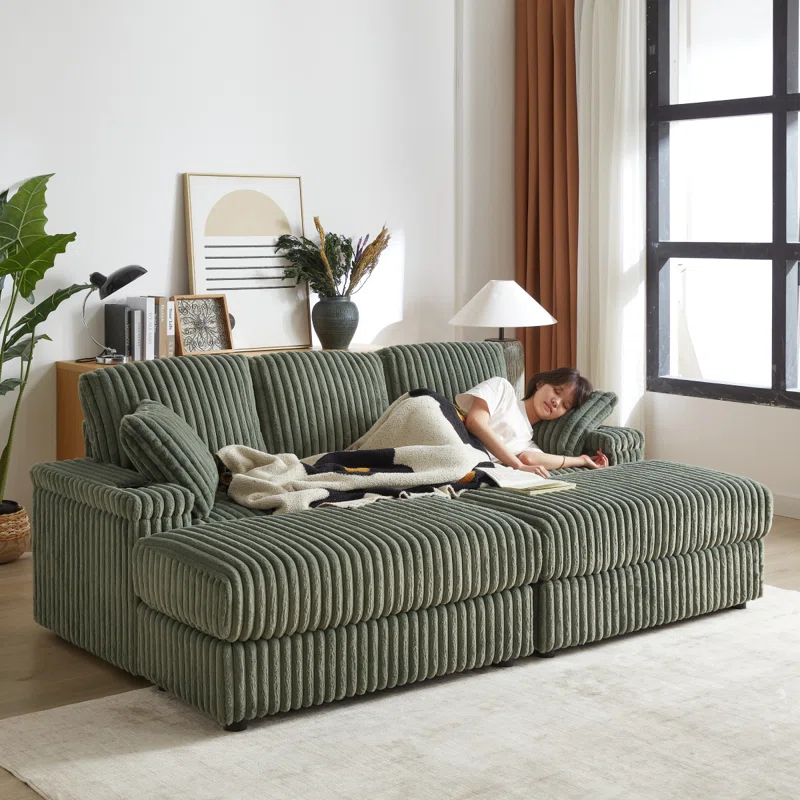 Latitude Run® 84 Corduroy 3-Seater Sofa With 3 Back Pillows ,2 Toss Pillows , A Ottoman ,2Storage Spaces And Cup-Holding Grooves Comfy Sofa- Deep Seat Couch