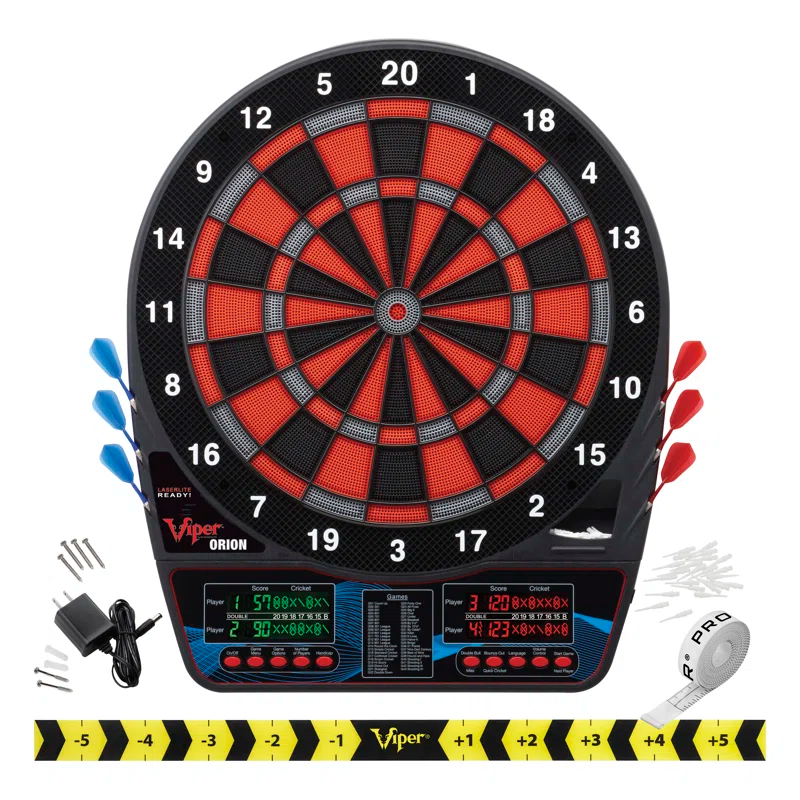 Viper Orion Electronic Dartboard, Metropolitan Mahogany Cabinet, Throw Line Light, Dartboard Lights, Black Magic Soft Tip Darts, And Spare Tips And Flights