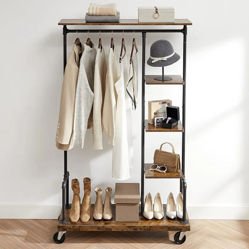Clothes Rack,Rolling Clothes Organizer with 5-Tier, Industrial Pipe Style, Rustic Brown