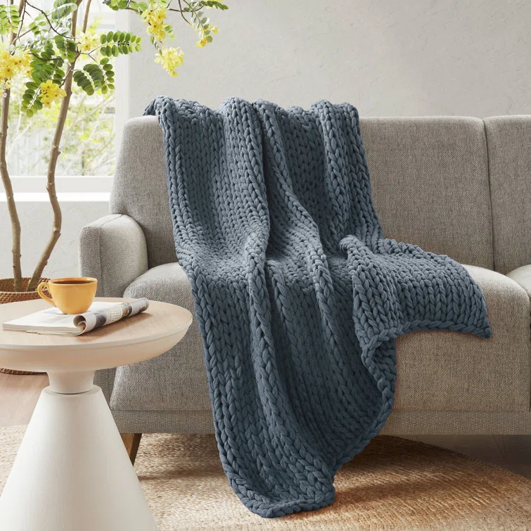 Madison Park Slate Blue Ruched Fur Throw 50x60"