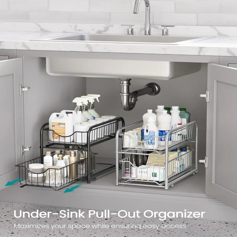 Factory Direct Wholesales NN 2-Tier Pull Out Cabinet Organizers, Under Sink Organizer, Bathroom Organizer And Storage, Sliding Basket Drawers, Stackable For Kitchen, Bathroom, Ink Black