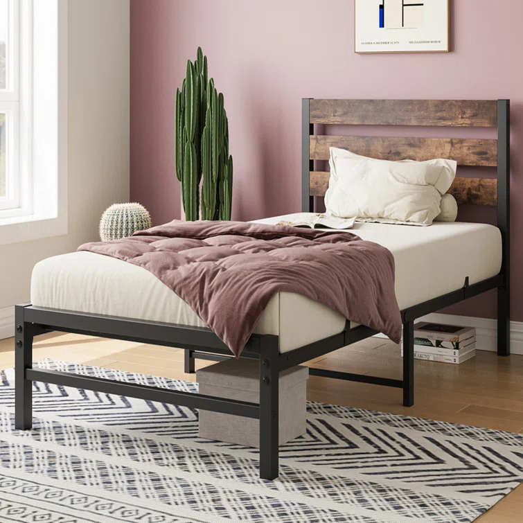 Ebern Designs Doiphode Full Size Platform Bed Frame with Rustic Vintage Wood Headboard,  No Box Spring Needed Rustic Brown