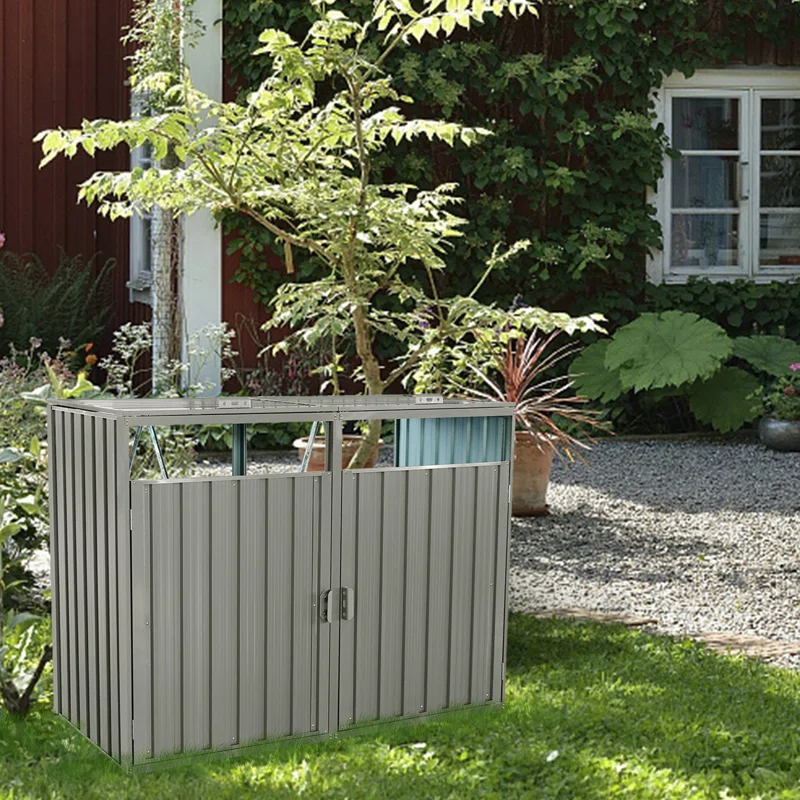 KAQCVIN Garbage Bin Shed Stores 2 Trash Cans Metal Outdoor Bin Shed