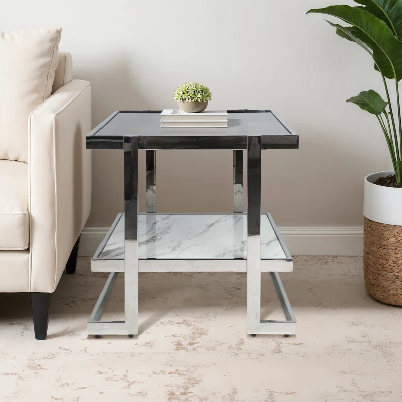 Mercer41 Atli Modern 24" Accent Table with Marble-Look Top, Glass Shelf & Gold Metal Geometric Frame for Living Room or Bedroom