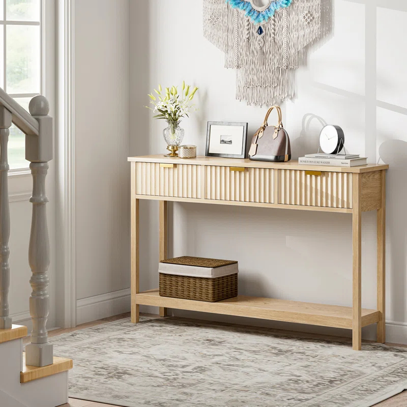 Latitude Run® Console Table With Storage, Boho Entryway Table With 3 Fluted Drawers And Shelf, Sofa Table For Living Room, Entryway, Hallway, Natural