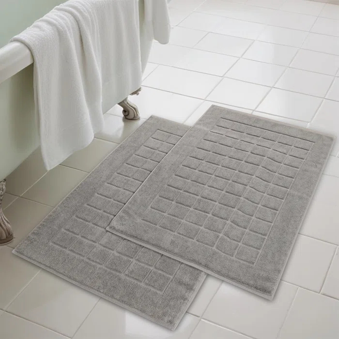 Nora Cotton Terry Solid Absorbent Thick Checkered Washable Bath Mat Set Of 2