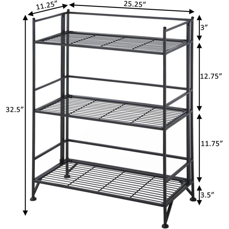 17 Stories 3-Tier Wide Folding Metal Shelf, Black
