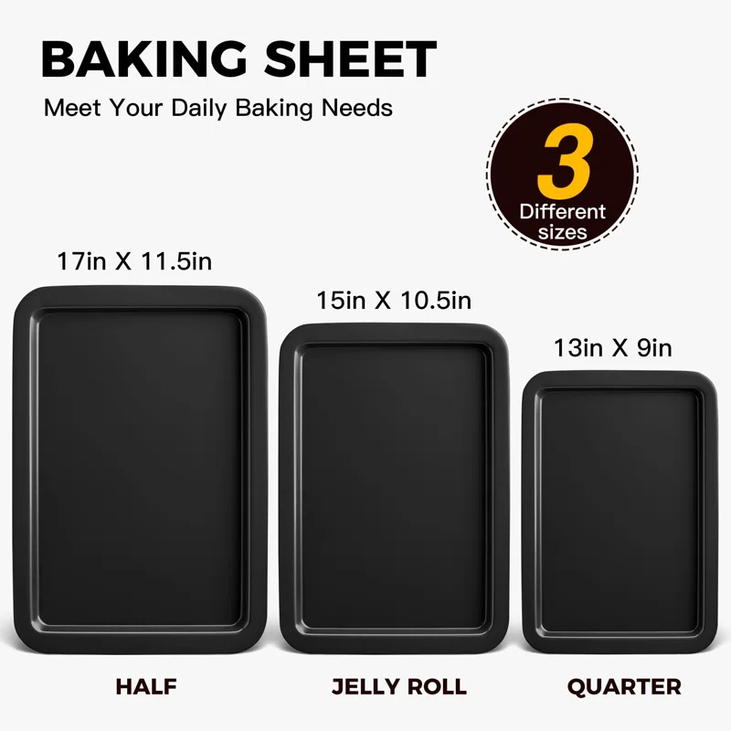 APPENIN WINTER PARK CORP Baking Sheet Pan Set, Cookie Sheet For Oven, Nonstick Bakeware Sets With Wider Grips, 3 Pack Half/Jelly Roll/Quarter Baking Tray, Premium, Dishwasher Safe - Dark Grey