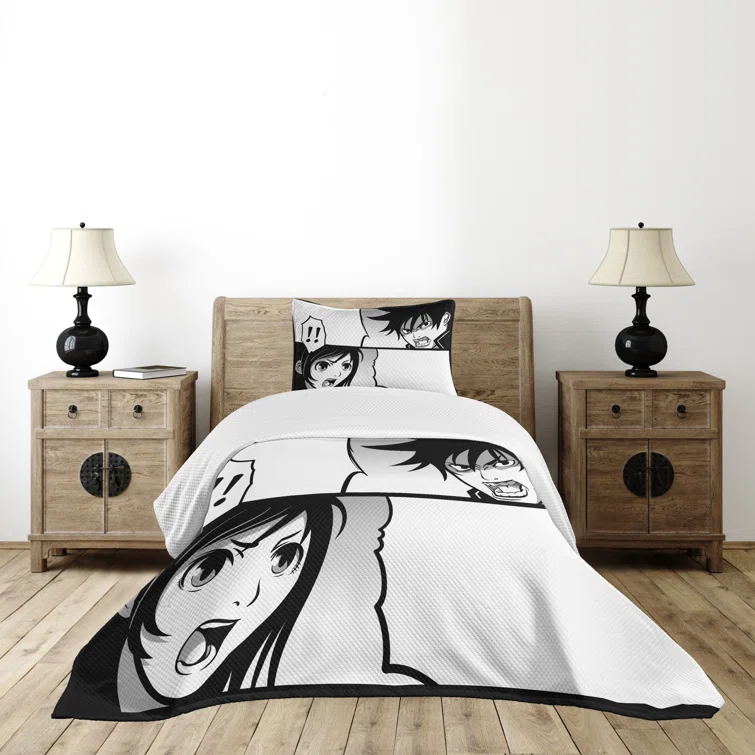 Ambesonne Ambesonne Anime Bedspread Set Japanese Cartoon Comic Black White Grey