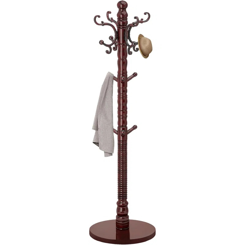 Red Barrel Studio® Wood Coat Rack Stand, Wooden Coat Rack Freestanding With Sturdy Round Base, Coat Racks With 14 Hooks, Natural Birch Wood Entryway Coat Tree Hanger Stand Easy To Assemble