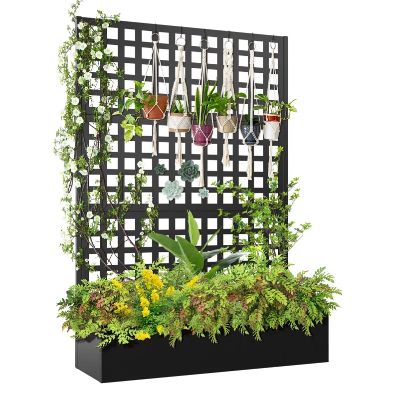 Latitude Run® Metal Planter Box with Trellis, Outdoor Raised Garden Bed with Privacy Screen
