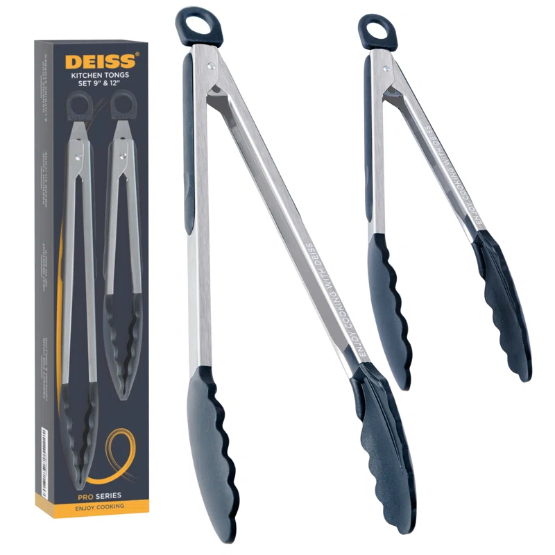 DEISS Deiss Pro 2-Piece Kitchen Tongs with Heat Resistant Silicone Tips for Cooking, BBQ - 9'' and 12'' (Set of 2)