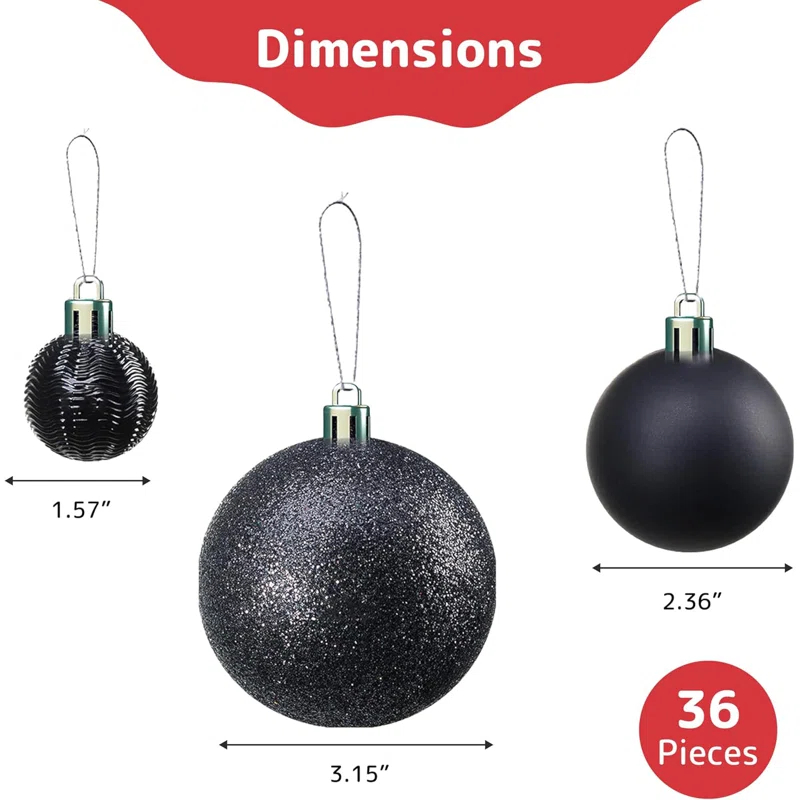 AMIBZ 36-Piece Shatterproof Black,Christmas Balls Set With Hanging Loops For Christmas Tree Decorations