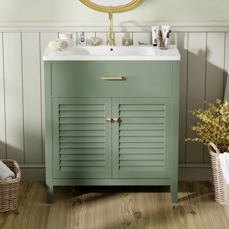 HLILish 30-Inch Bathroom Vanity With Ceramic Sink Combination, Ample Storage - Features 1 Pullout And Multifunctional Shelf Dividers