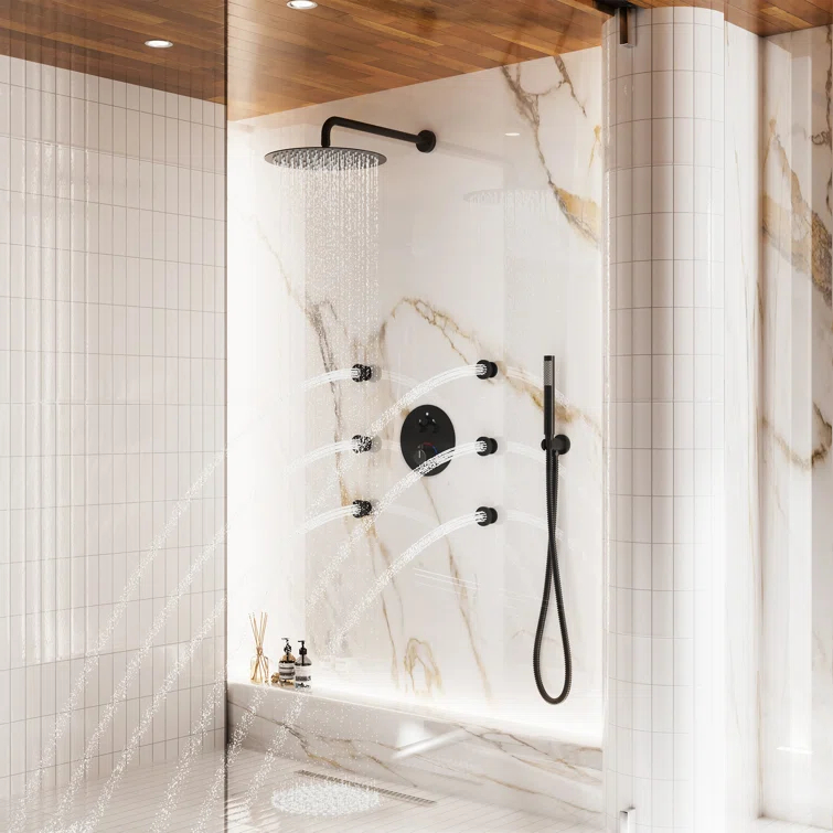 CASAINC Wall Mounted Thermostatic Complete Rainfall Shower System with 6 Body Jets and Rough-in Valve CS6823-12MB