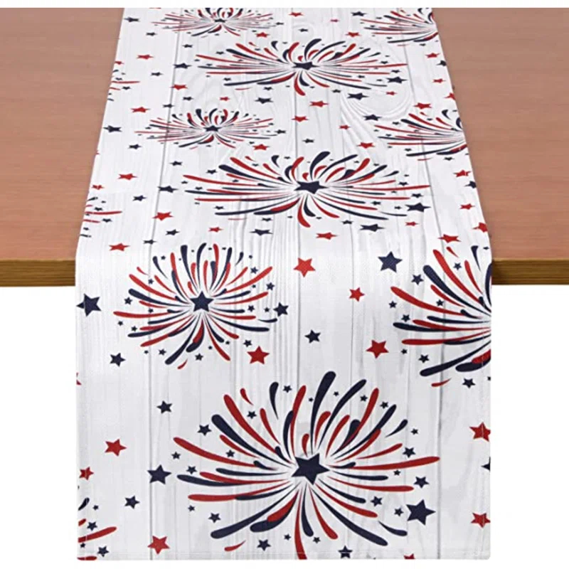 The Holiday Aisle® Fireworks Table Runner 4Th Of July Patriotic Memorial Day Independence Day Holiday Kitchen Dining Table Decoration,Holiday Burlap Table Cover, 13 X 70 Inch, Americana Stars, Red, White, Blue.