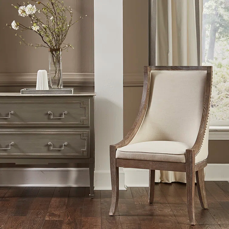 Transitional Soft Driftwood Linen Side Chair with Brass Nail Heads