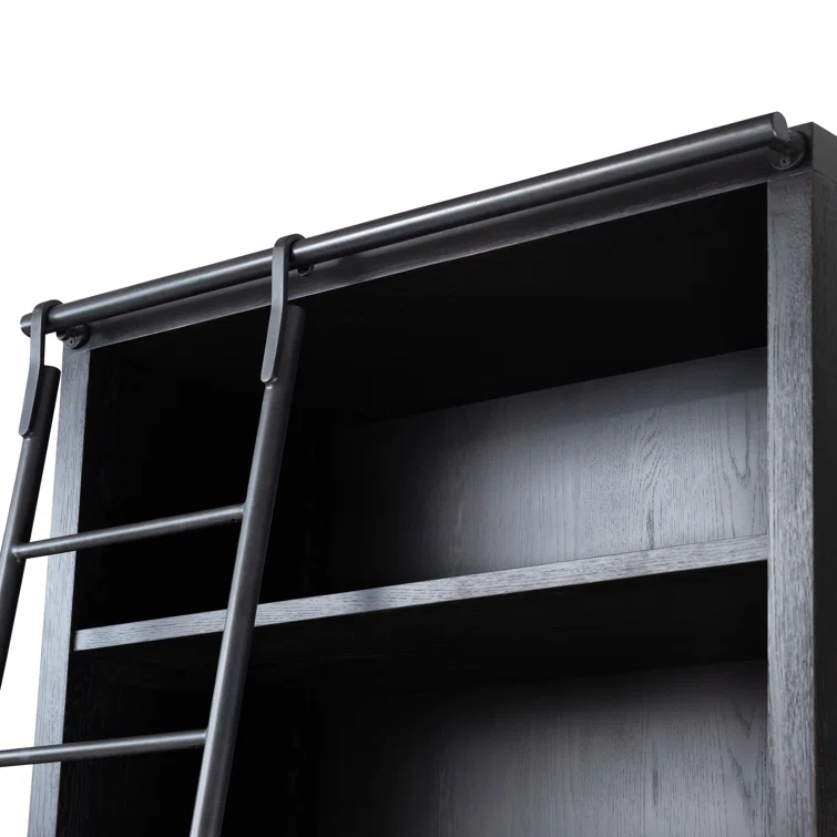 Worn Black Oak Double Bookcase with Iron Ladder