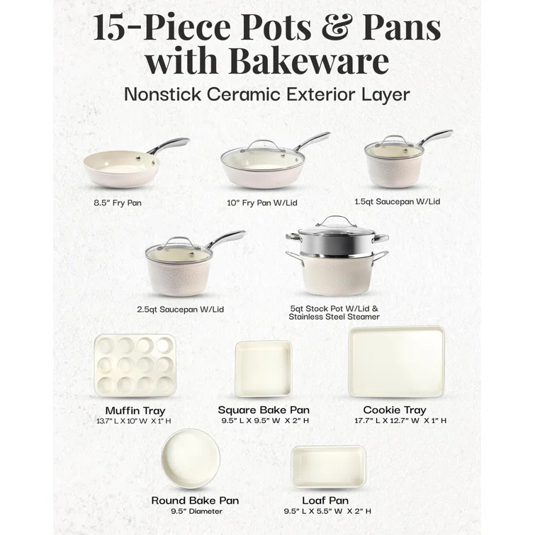 Gotham Steel Gotham Steel Hammered Cream 15 Piece Ultra Ceramic Nonstick Cookware Set With Bakeware