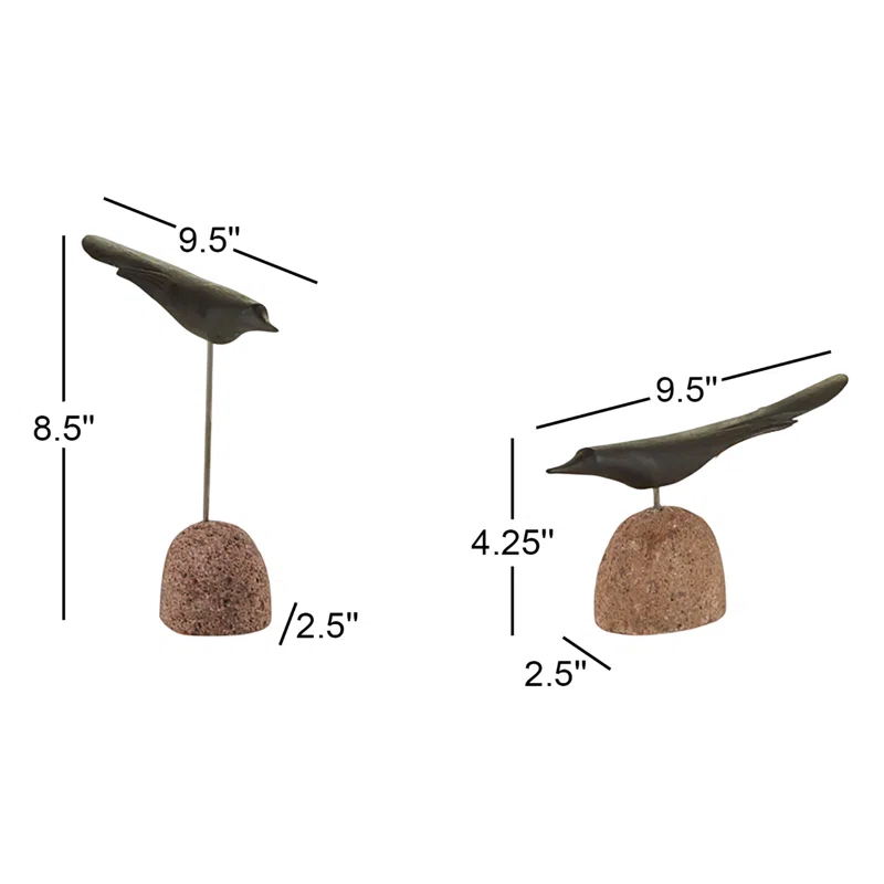 Black Palilo Wood and Iron Bird Sculpture Set