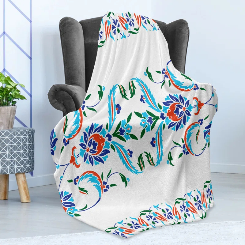 Ambesonne Ambesonne Traditional Fleece Throw Blanket Ottoman Tulips Blue Red