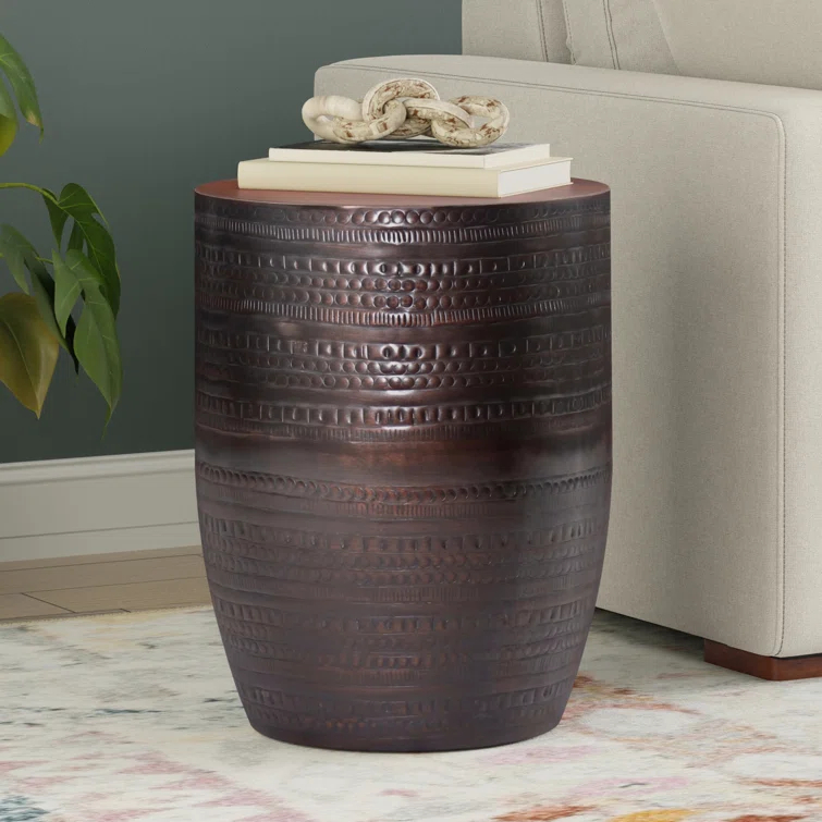Bungalow Rose Johnsen 15"W Metal Industrial Boho Tribal Pattern Drum End Table with Textured Finish, Assembled
