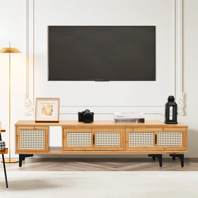 MoNiBloom Bamboo TV Stand with Storage Cabinet, 54" to 82.5" Extendable Length TV Console for Home Living Room