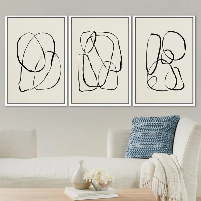 SIGNLEADER " Modern Duotone Geometric Spiral Ring Circle Collage 3 Piece Framed Wall Art. " 3 - Pieces