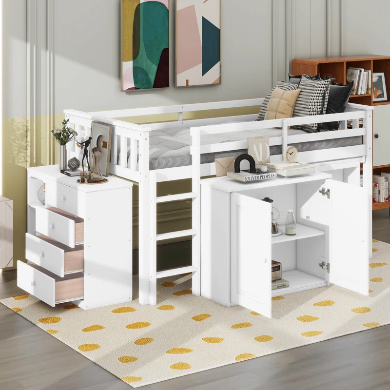 Harriet Bee Twin Loft Bed With Storage Cabinet, Drawer And Shelf Cabinet And Pulling-Out Desk