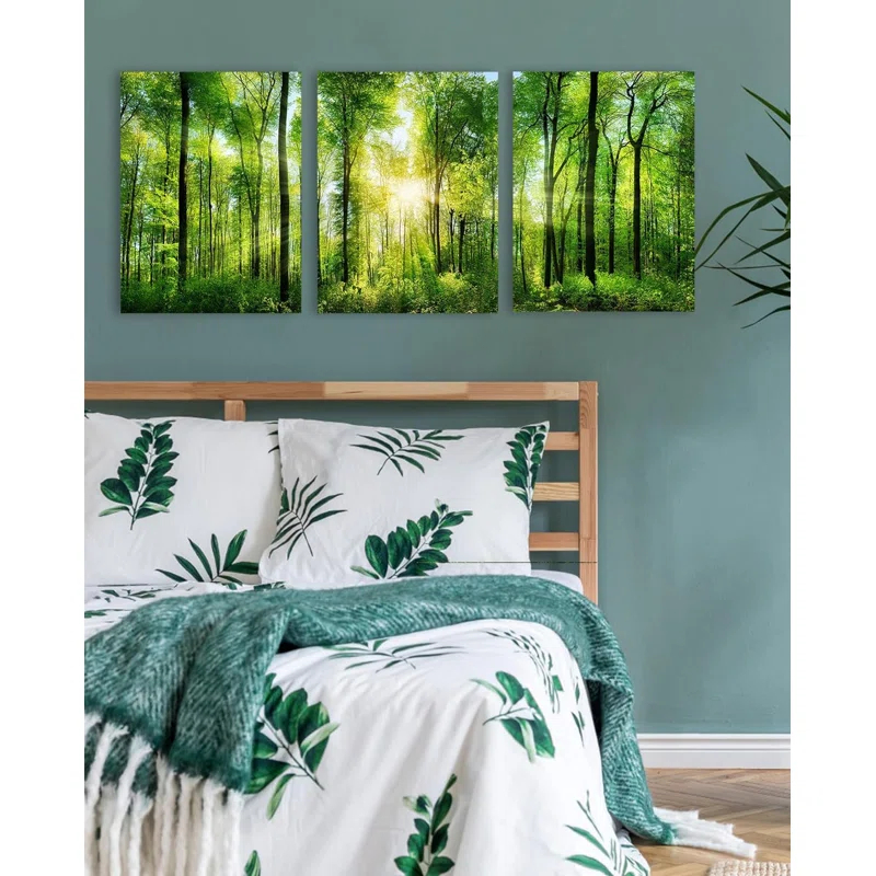 3 Panel Nature Wall Art ,Landscape Paintings Framed Trees Green Pictures Sunrise Scenery Wall Decor