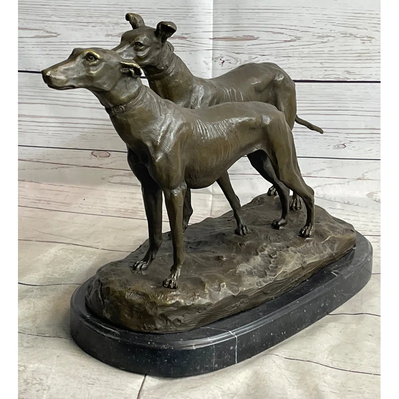 Red Barrel Studio® Rimon Pair Of Greyhounds - Two Slender Racing Dogs Handmade Bronze Sculpture By Fremiet