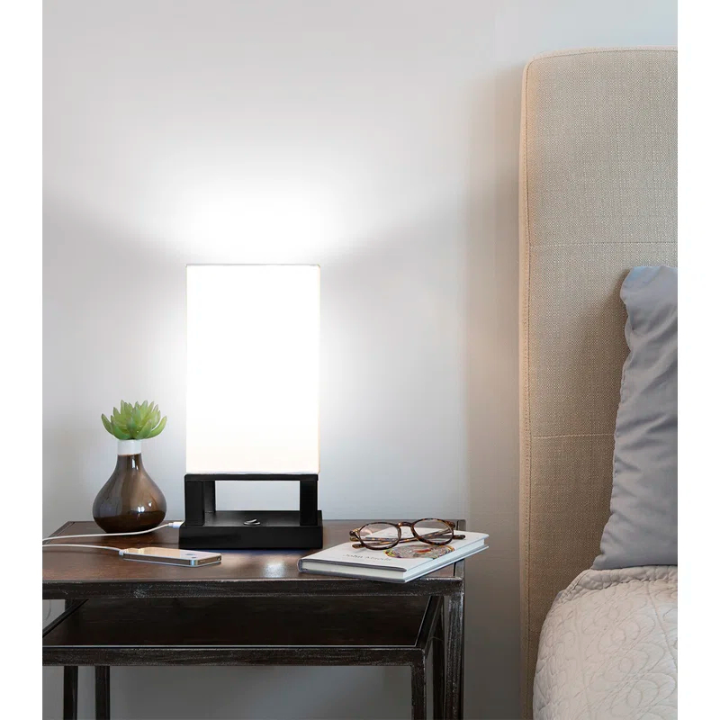 Brightech Maxwell 14 in. Mid-Century Modern LED Bedside Table Lamp with Fabric Square Shade