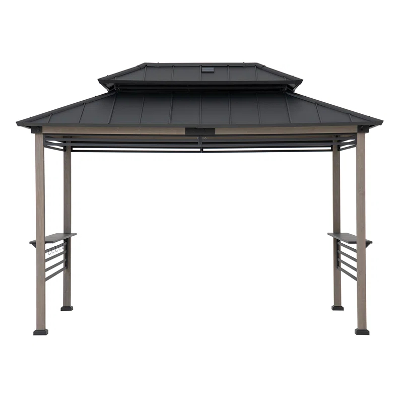 Sunjoy Sunjoy Wooden Grill Gazebo with Solar Power, 8 x 12 ft. Hardtop Gazebo for Year-Round Grilling, Outdoor Cedar Frame Cooking Shelter with Decorative Fence for Backyard BBQs Party