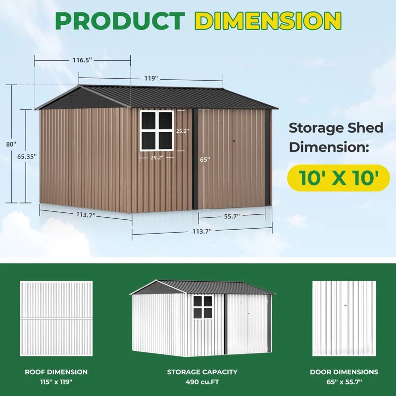 HOGYME 10 ft. W x 10 ft. D Waterproof Metal Storage Shed for Outdoor use With Window And Lockable Door