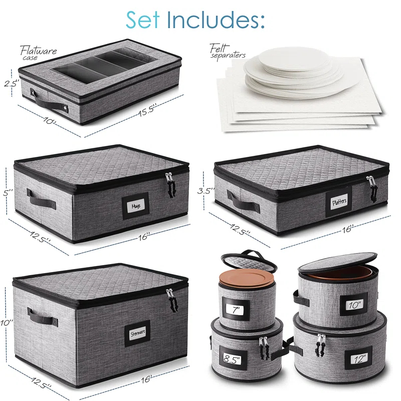 8 Piece Fabric Dinnerware Storage Set with Felt Dividers Included