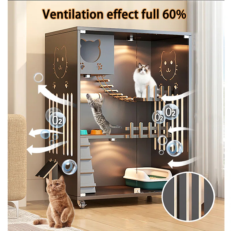 Tucker Murphy Pet™ Desara Wooden Cat Villa, Large Cat Enclosure, Indoor Enclosed Cat House