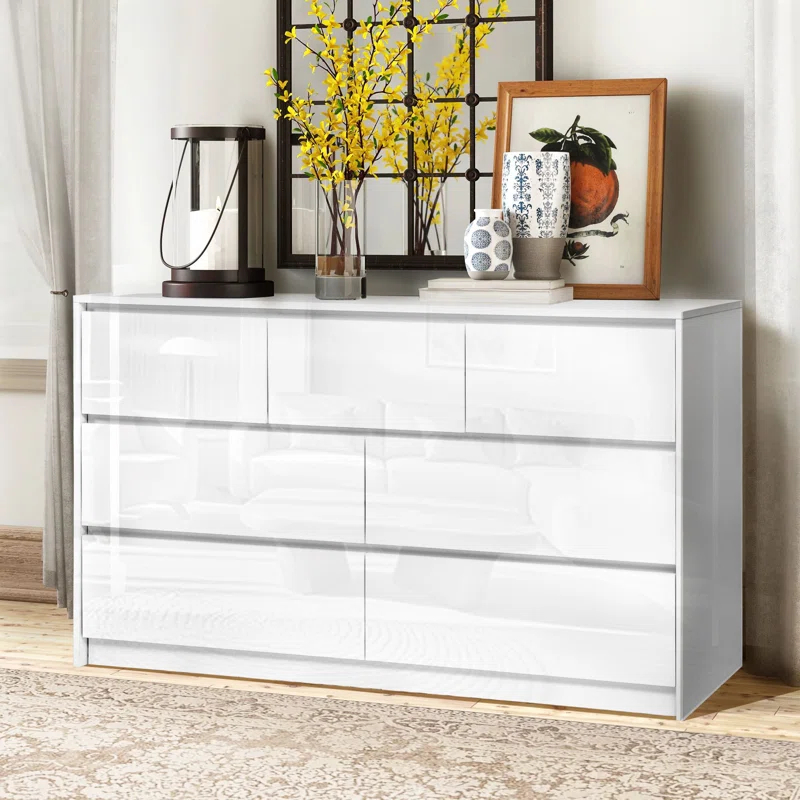 Ebern Designs White Dresser for Bedroom with 7 Drawers, Modern High Gloss Large Dresser with 7 Handle Free Drawers, 55 Inch Wooden Long Dresser, Storage Chest of Drawers