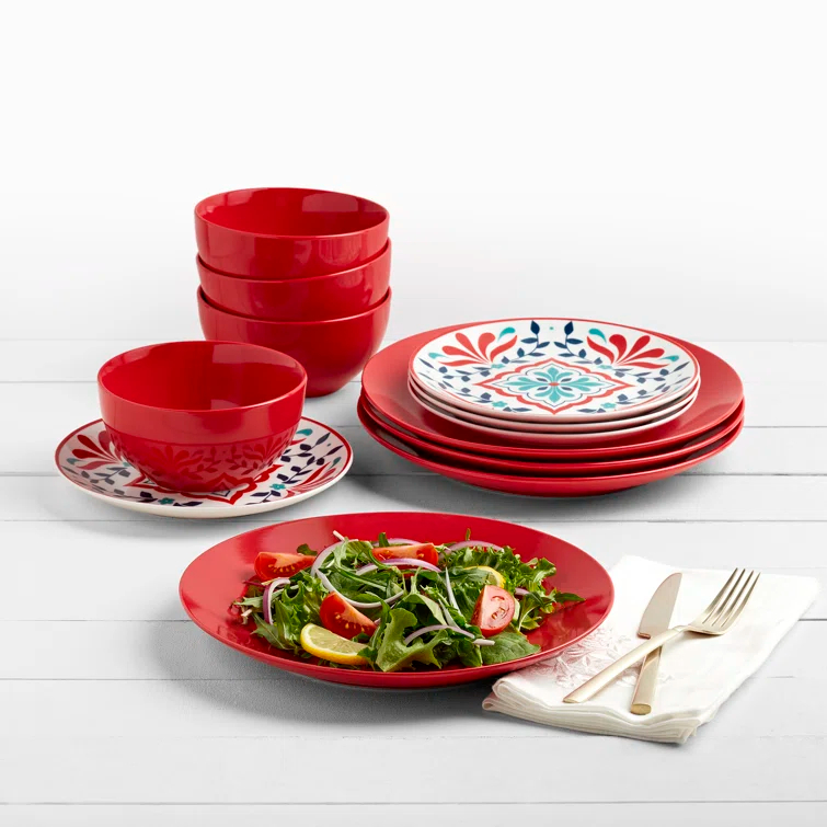 Tabletops Gallery Tabletops Gallery Camila 12 Piece Red Porcelain Round Dinnerware Set - Service for 4