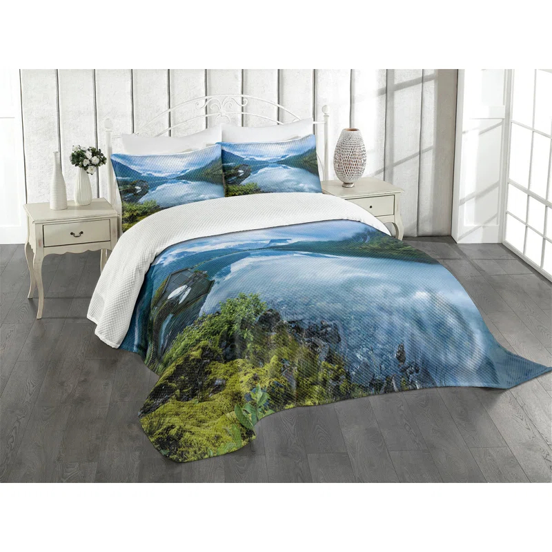 Ambesonne Ambesonne Nature Bedspread Set  Wooden Cabins Norway  Blue Green