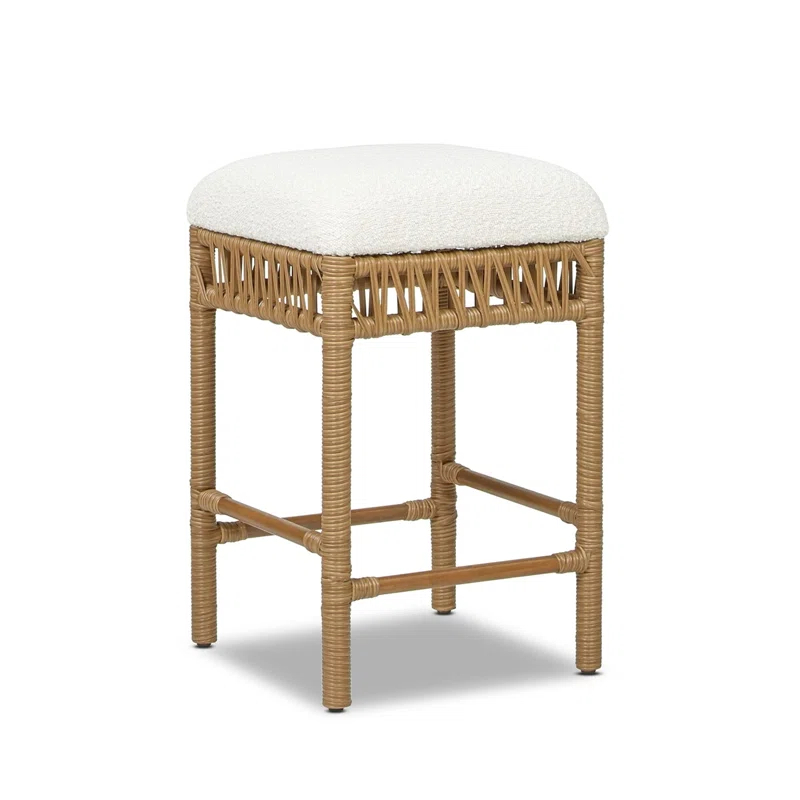 Bayou Breeze Lucia 25.5" Backless Upholstered Counter Stool With Resin Rattan Frame, Ivory White Boucle,Upholstered dining room chair,dinning chair,kitchen chair