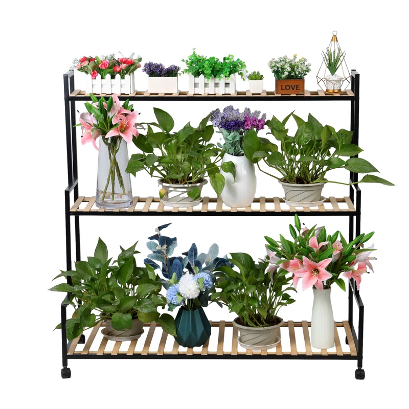17 Stories Rustic Plant Stand with Wheels,Metal Plant Rack with Solid Wood,3 Tier Ladder Plant Flower Shelf