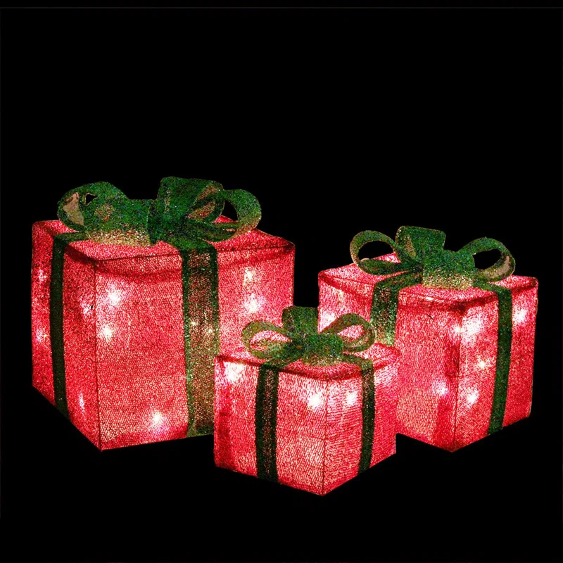 Northlight Seasonal Set of 3 Lighted Red and Green Tinsel Gift Boxes with Bows Christmas Outdoor Decorations 10"