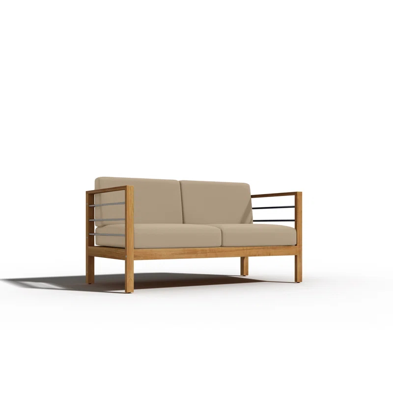 Loon Peak® Joriene 3-Person Teak Outdoor Sofa with Sunbrella Dupione Cornsilk Cushion
