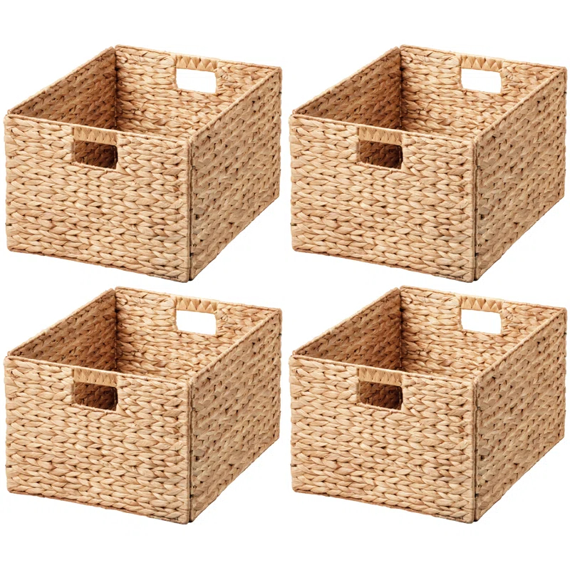 Rectangular Natural Water Hyacinth Hand Woven Rattan Wicker Storage Basket Set with Iron Wire Frame