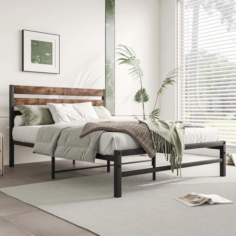 Full Size Platform Bed Frame with Rustic Vintage Wood Headboard,  No Box Spring Needed Rustic Brown