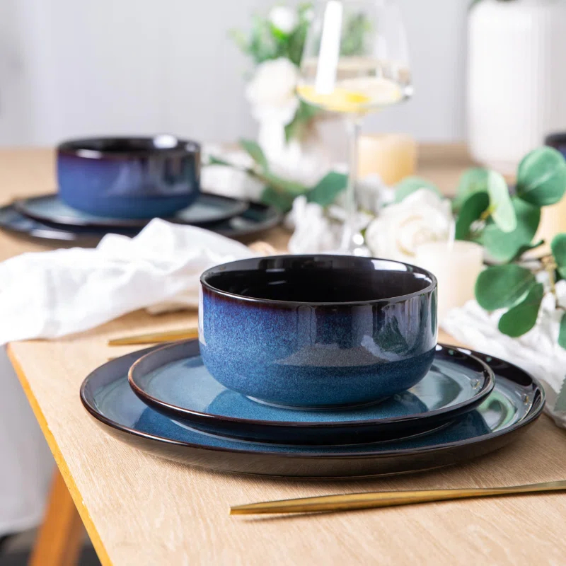Tableware Set Of 4, Plates And Bowls Set, Handmade Reactive Glaze Cutlery Set, Chip And Scratch Resistant | Oven, Dishwasher And Microwave Safe, Set Of 4 Blue